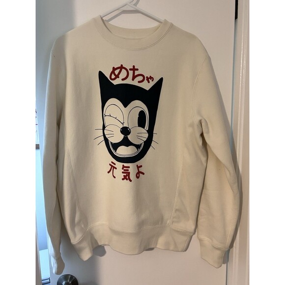 Yarrow Goods Men’s Crewneck Sweatshirt  Size XS  Cream Japanese Kanji Cat - Picture 2 of 6